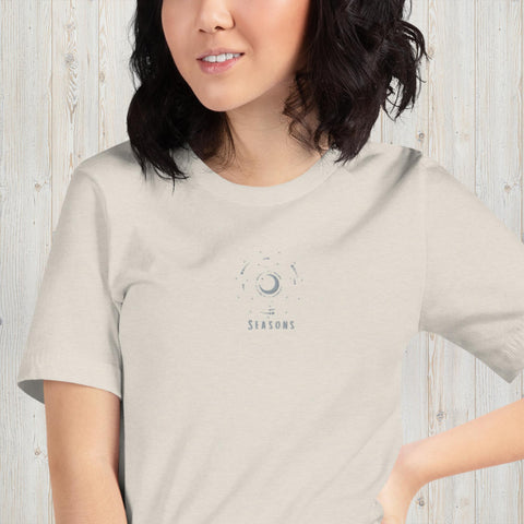 Embroidered Seasons word with Cresent moon surrounded by galaxy in color gray